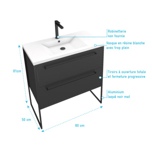 Meuble de salle de bain 80x50cm NOIR MAT - 2 tiroirs Noir mat - vasque blanche - STRUCTURA P054