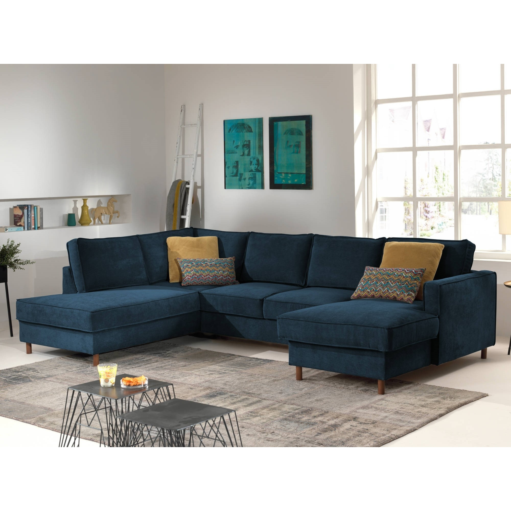 Jake - canapé panoramique d'angle gauche - convertible avec coffre - 7 places - en velours côtelé - Bleu Ardoise