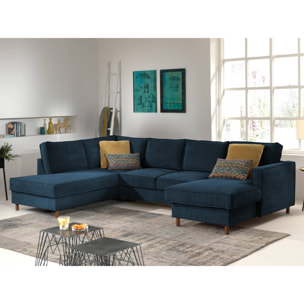 Jake - canapé panoramique d'angle gauche - convertible avec coffre - 7 places - en velours côtelé - Bleu Ardoise