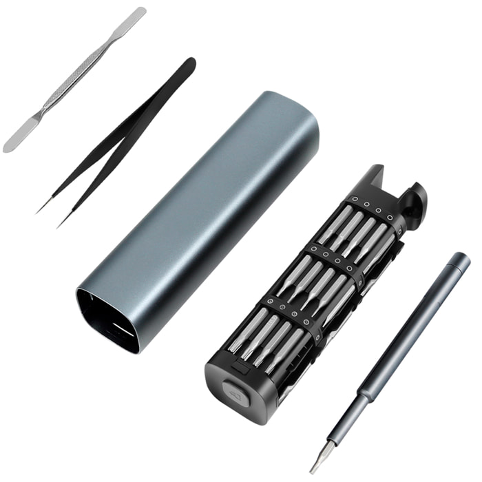 Destornillador de precisión 46 en 1 con cuerpo metálico, rosca giratoria, puntas magnéticas y carcasa de aleación de aluminio con apertura por presión.