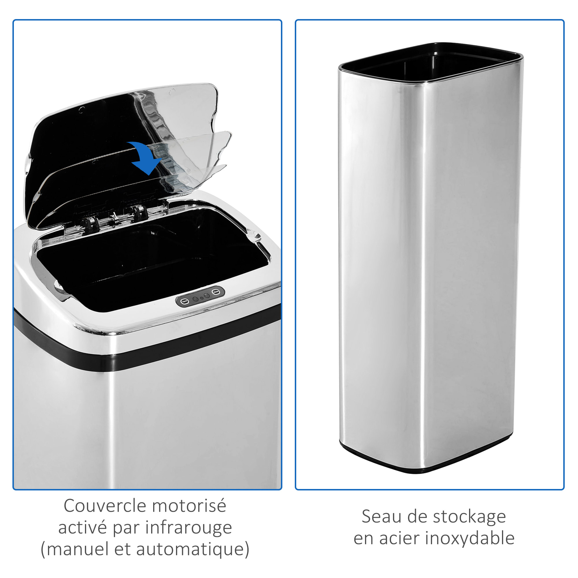 Poubelle à capteur de mouvement ouverture automatique 50L acier inox.