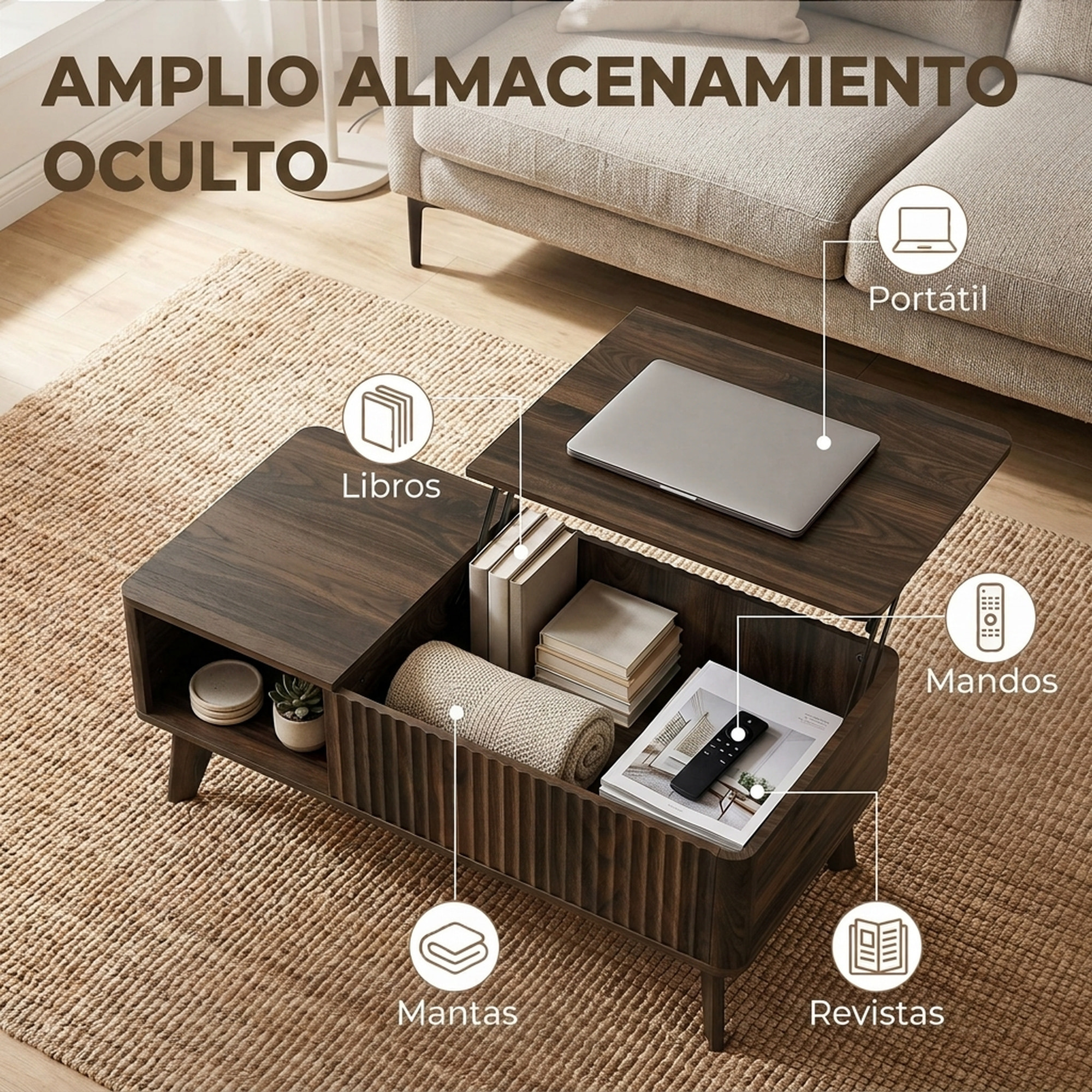 HOMCOM Mesa de Centro Elevable con Almacenaje, Mesa de Café para Salón con Compartimento Oculto, Estantes Abiertos, Frontal Ondulado y Esquinas Curvas, para Comedor, 100x48x41-56 cm, Nogal