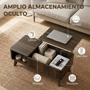 HOMCOM Mesa de Centro Elevable con Almacenaje, Mesa de Café para Salón con Compartimento Oculto, Estantes Abiertos, Frontal Ondulado y Esquinas Curvas, para Comedor, 100x48x41-56 cm, Nogal