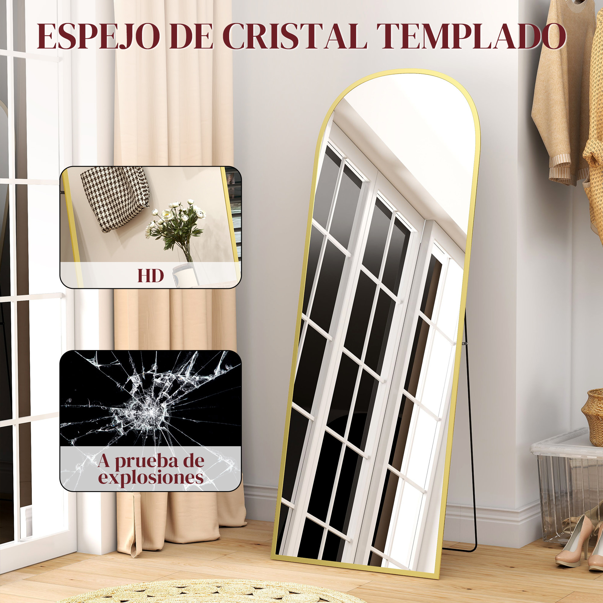 Espejo de Pie Cuerpo Entero 165x60 cm con Marco de Aleación de Aluminio, Espejo de Pared Rectangular para Colgar con Soporte, 2 Formas de Uso, para Salón, Entrada y Dormitorio, Dorado