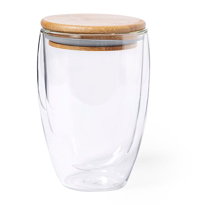 Vetro termico borosilicato a doppia parete 350 ml Con coperchio in bambù