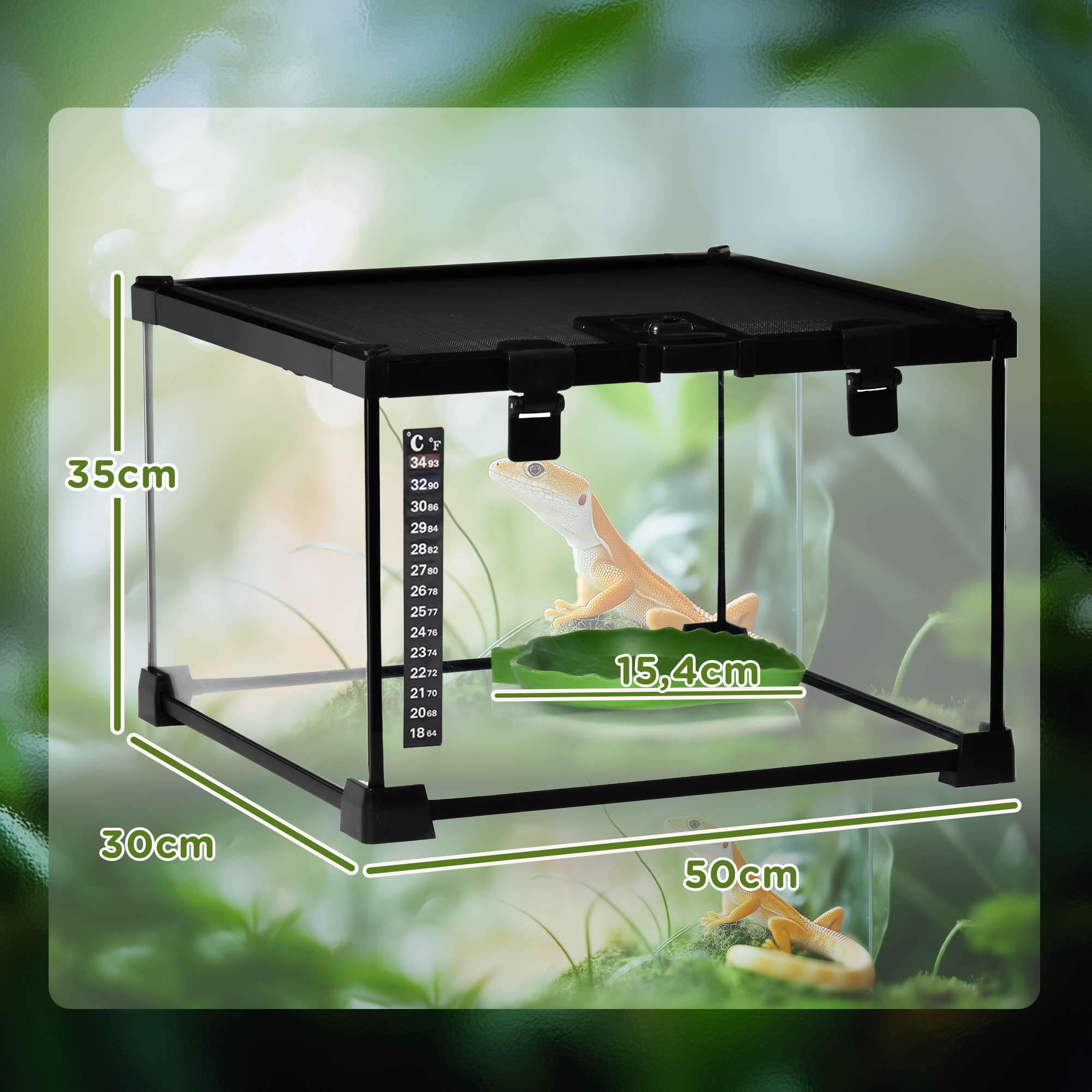 Terrarium en verre couvercle grillagé coulissant verrouillable distributeur eau thermomètre inclus