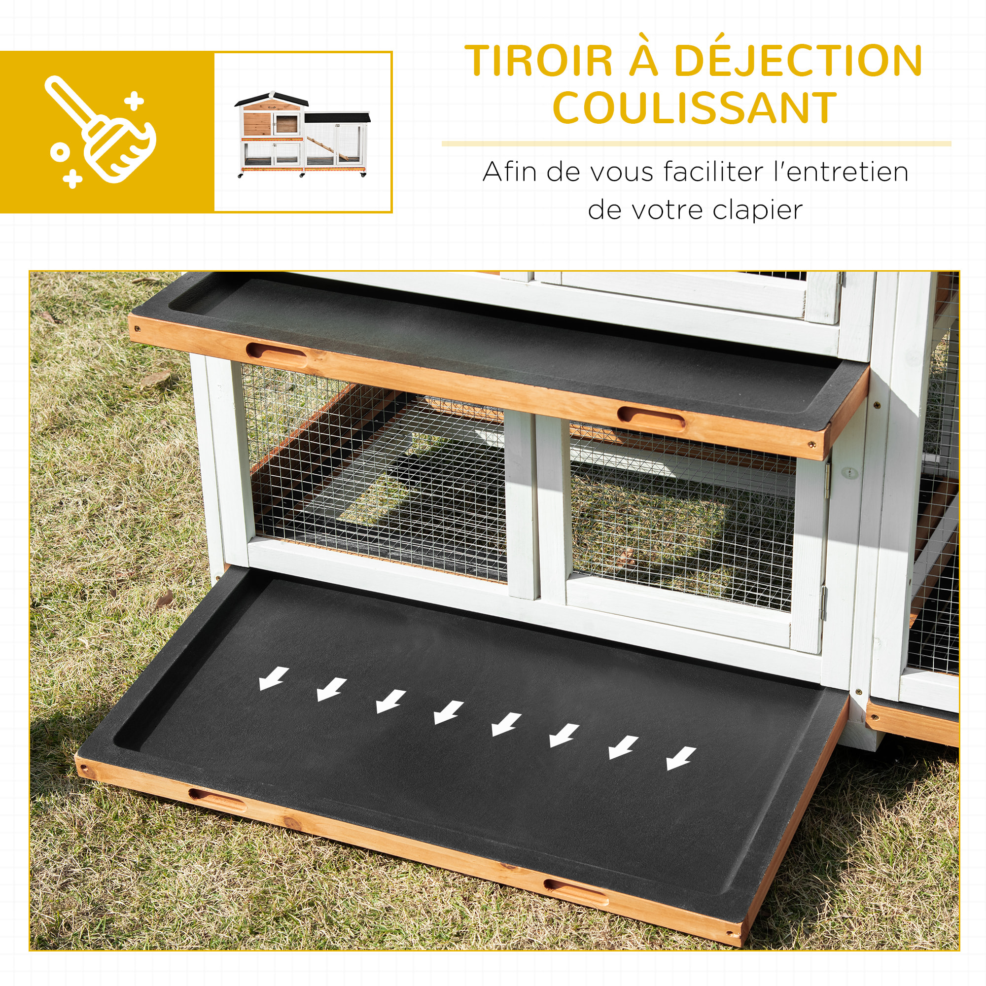 Clapier bois sur roulettes 2 niv. 3 plateaux déjections coulissants sapin blanc pré-huilé