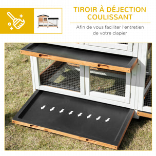 Clapier bois sur roulettes 2 niv. 3 plateaux déjections coulissants sapin blanc pré-huilé