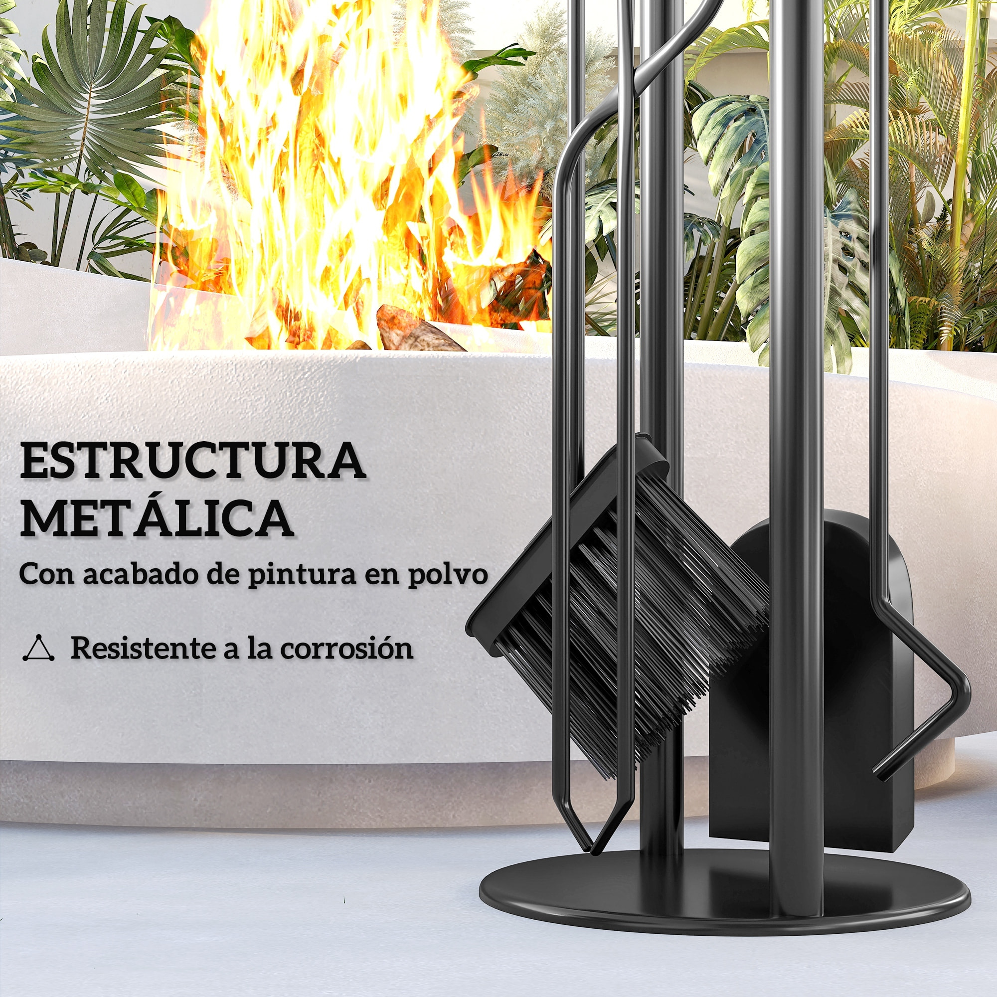 Juego Utensilios Chimenea de 5 Piezas, Juego de Accesorios para Chimenea de Metal con Escoba, Pala, 1 Par de Tenazas, Atizador y Soporte, 20x20x71 cm, Negro y Dorado