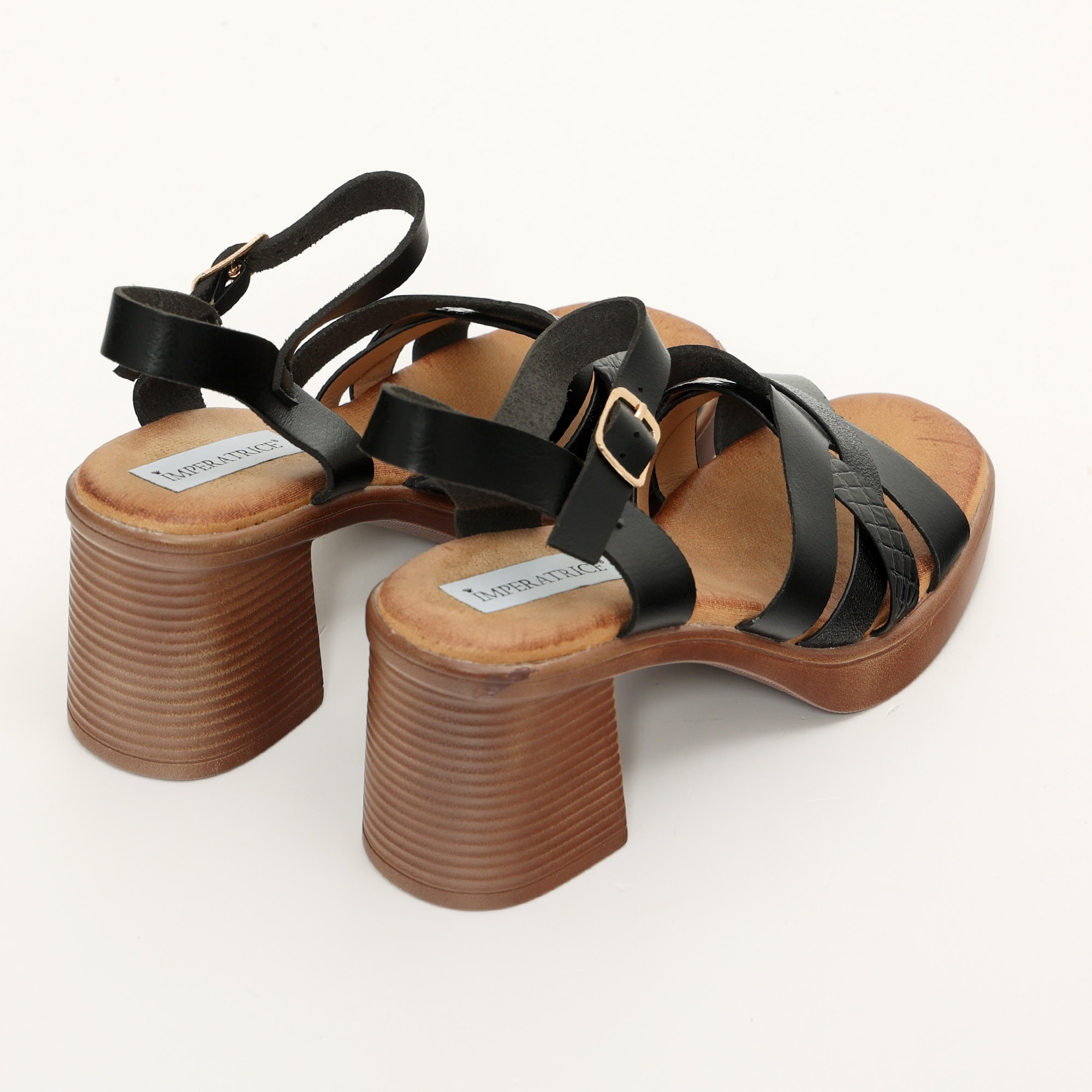 Sandali in simil pelle con tacco comodo quadrato e fasce bicolore