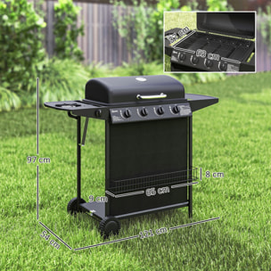 Barbacoa de Gas BBQ Gas con 4+1 Quemadores 12 kW Barbacoa Portátil con Termómetro Mesa Lateral Estante Especiero Parrilla Recogedor de Grasa 2 Ruedas para Jardín Exterior Camping Negro