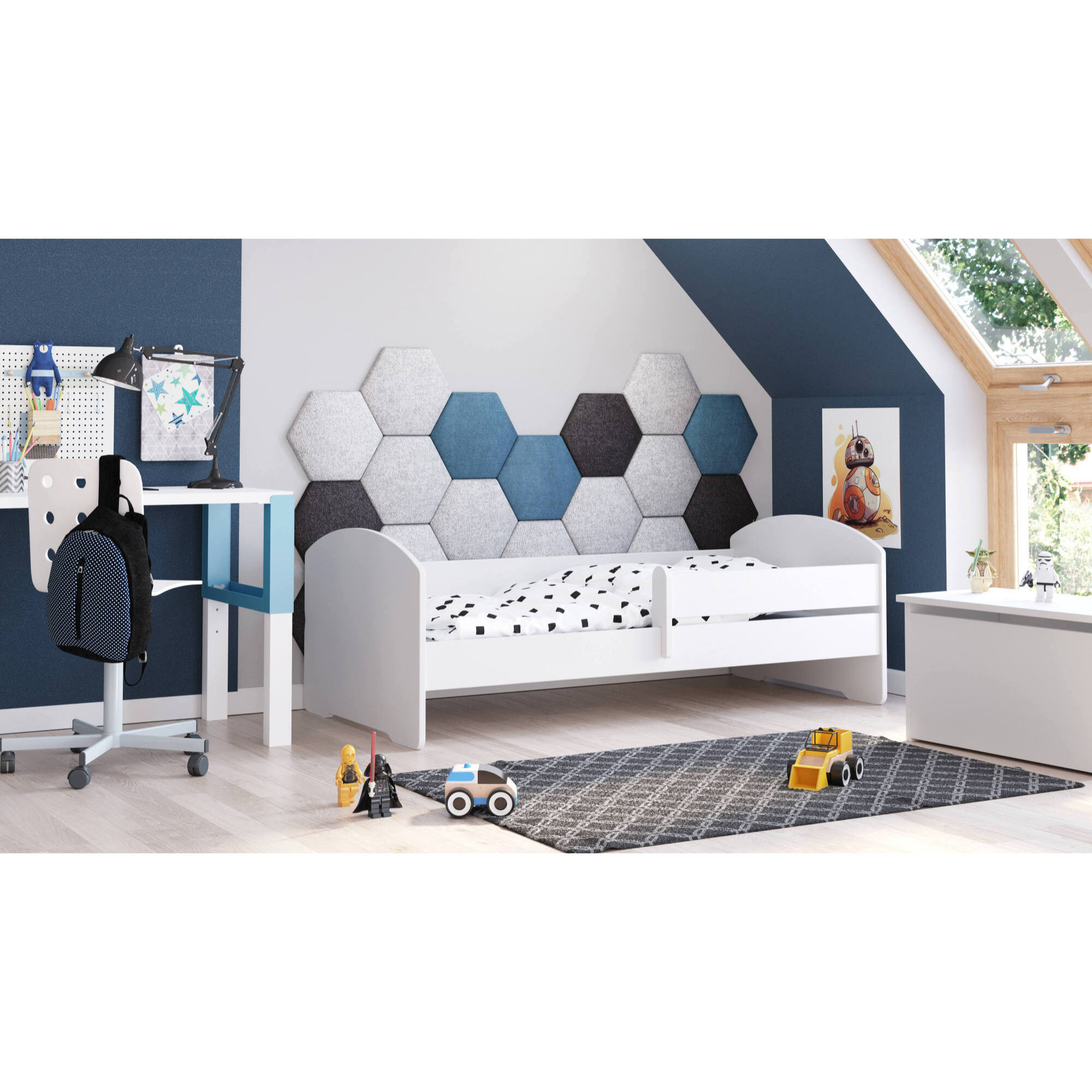 Letto singolo per bambini, Lettino per cameretta, Letto con protezione anticaduta, con testiera tonda, cm 144x78h58, colore Bianco