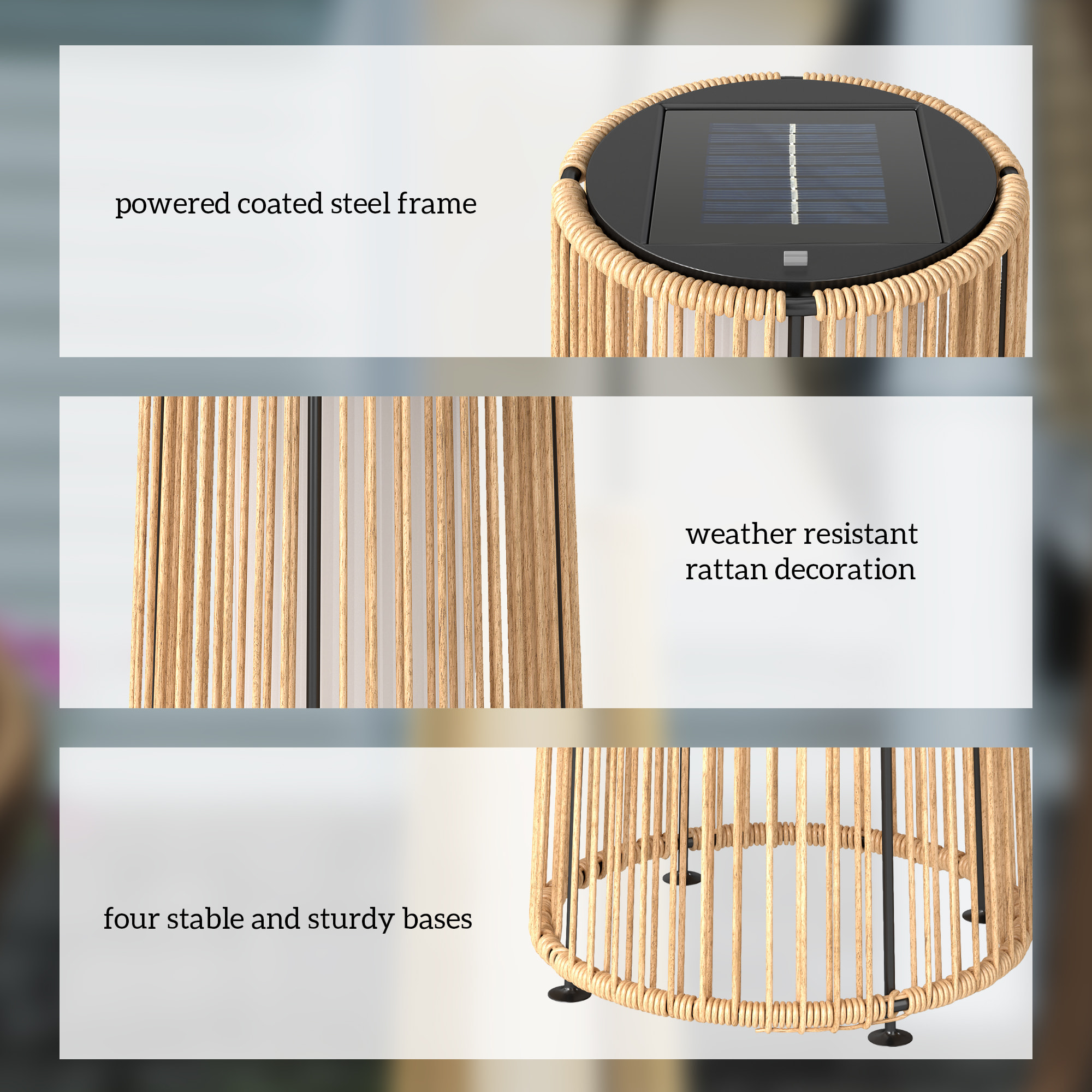 Linterna de Jardín de Ratán Sintético Farola Solar Exterior con Luces LED Encendido y Apagado Automático Impermeable para Terraza Balcón Patio Ø21,5x61 cm Natural