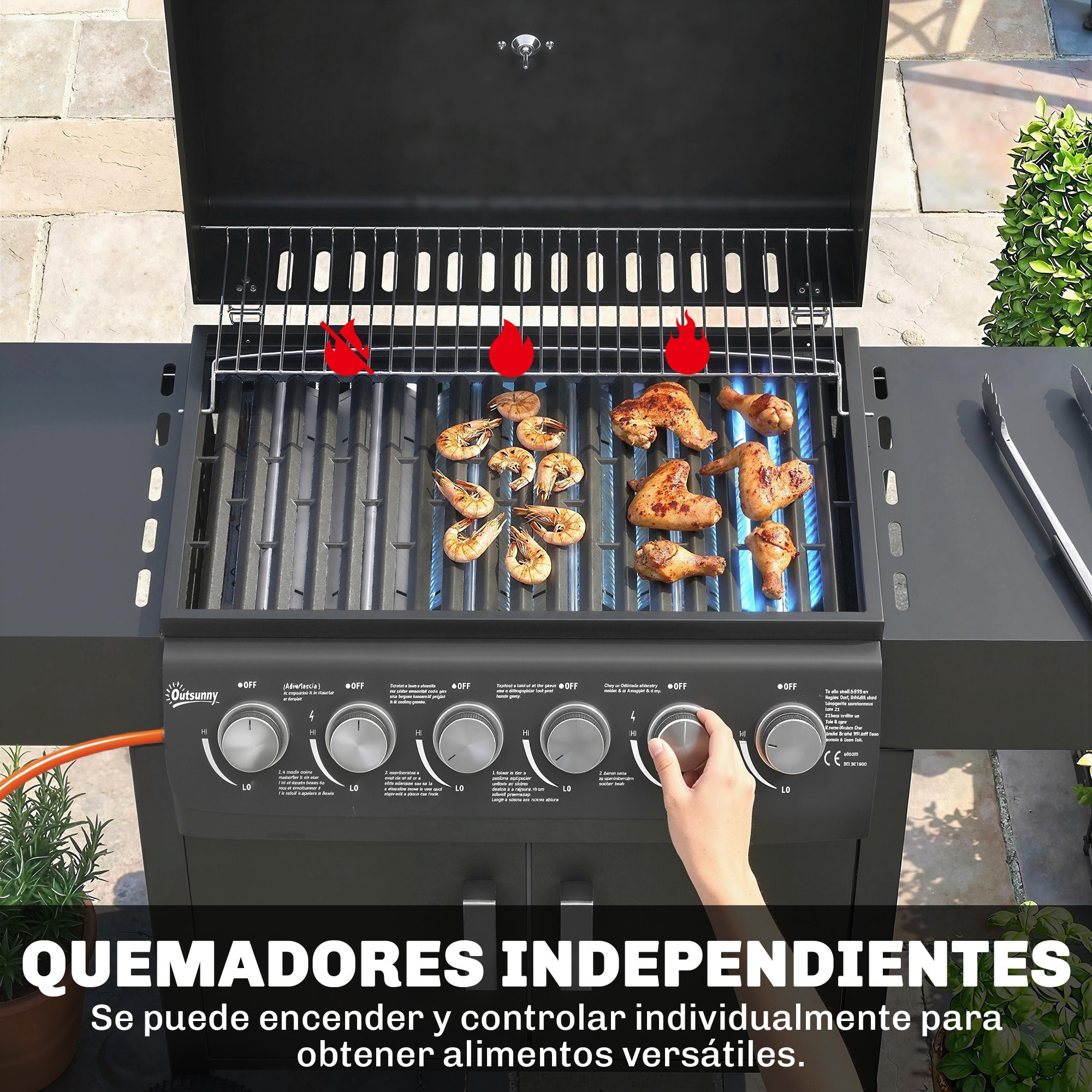 Barbacoa de Gas BBQ Gas con 6 Quemadores 15 kW, Barbacoa Portátil con Termómetro, Mesas Laterales, Armario, Rejilla Calentadora, Parrilla, Recogedor de Grasa, 2 Ruedas y Tapa, Negro