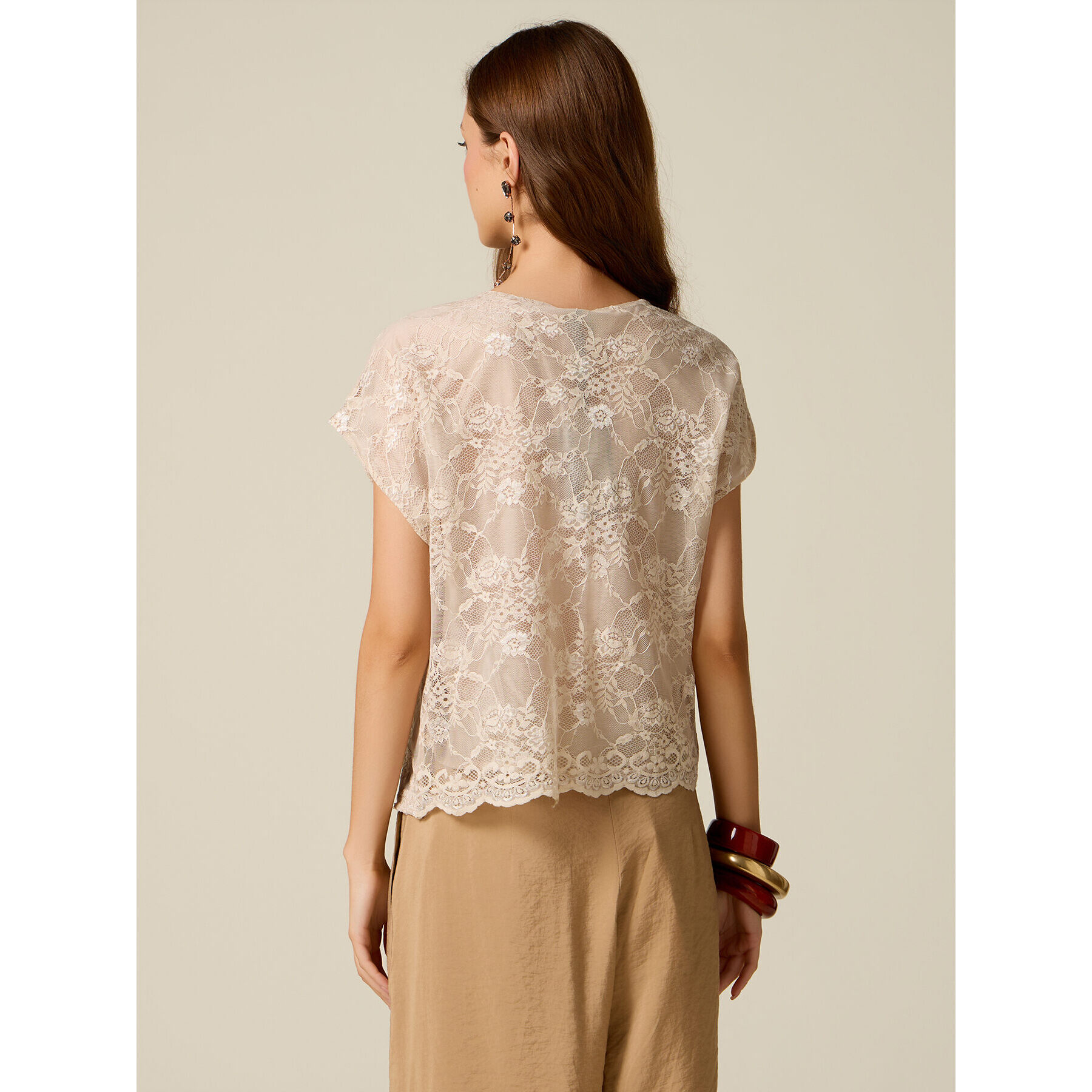 Oltre - Blusa bordada con encaje - Beige