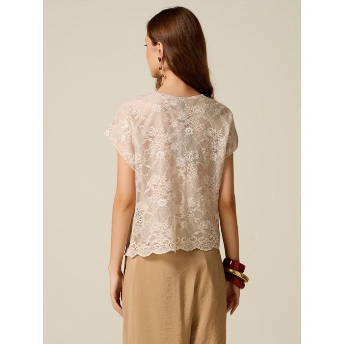 Oltre - Blusa bordada con encaje - Beige