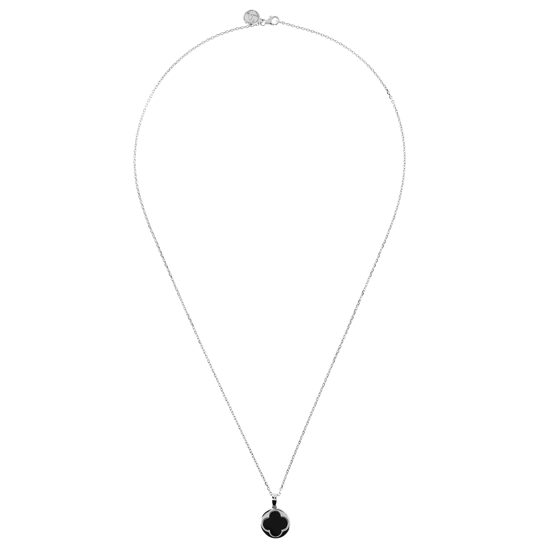 Collana Catena Forzatina con Pendente Quadrifoglio in Onice Nero Placcata Oro Bianco 18kt