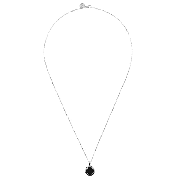 Collana Catena Forzatina con Pendente Quadrifoglio in Onice Nero Placcata Oro Bianco 18kt