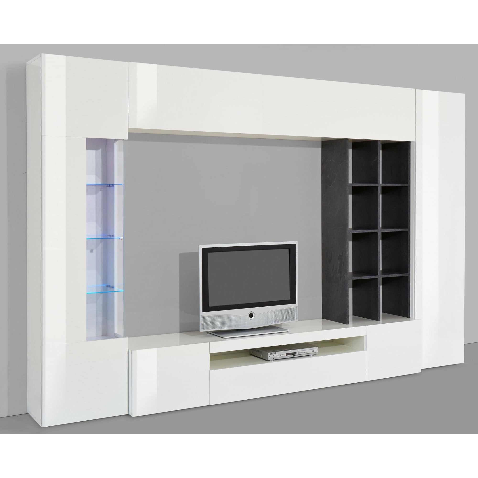 Parete attrezzata Andy, Set salotto porta TV, Mobile soggiorno multiuso con luce LED, 100% Made in Italy, cm 290x40h192, Bianco lucido e Ardesia