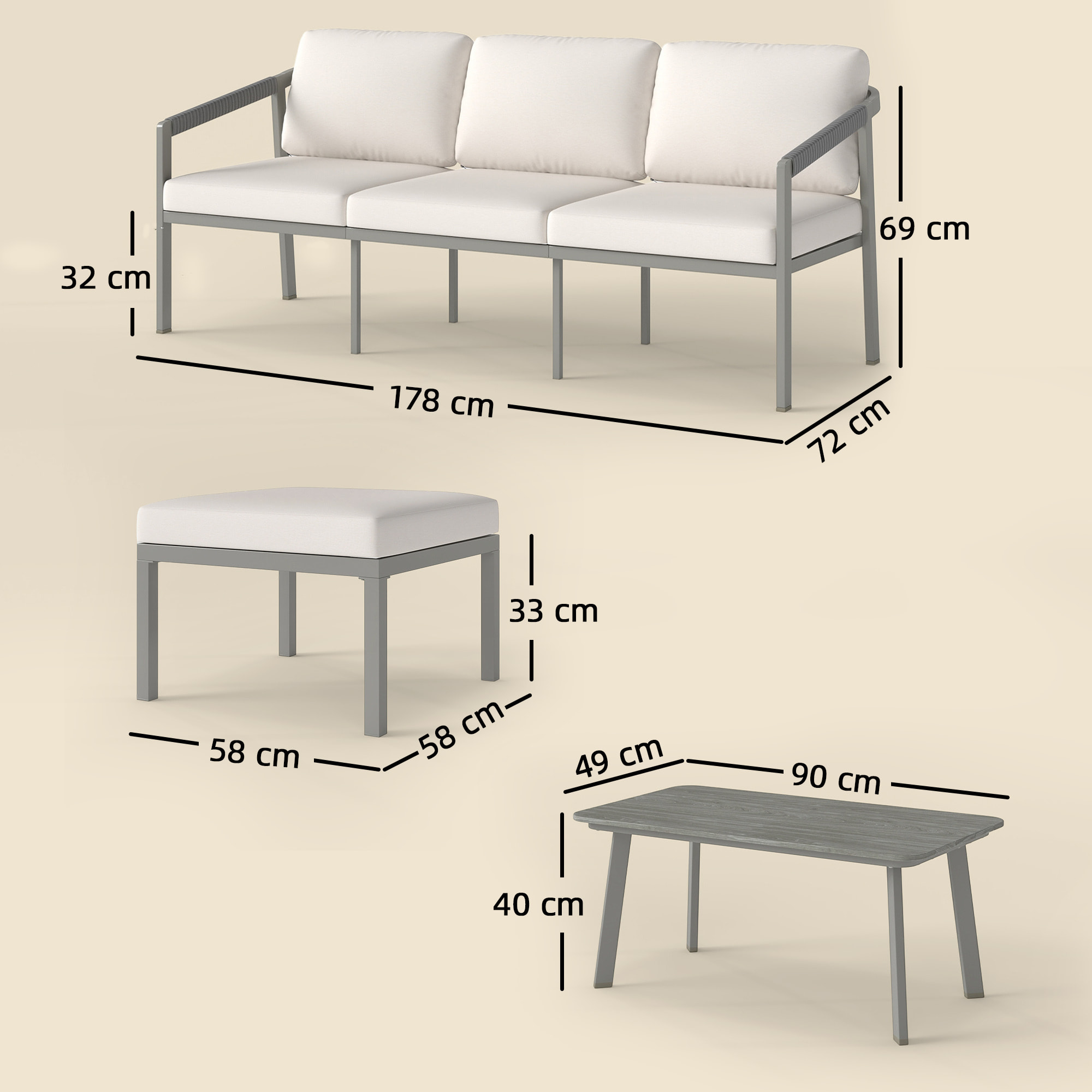 Conjunto de Muebles Jardín Exterior de 3 Piezas Sofá Exterior Seccional Forma de L con Sofá de 3 Plazas Reposapiés Mesa Centro de Listones y Cojines de 10 cm para Terraza Patio Marrón y Beige