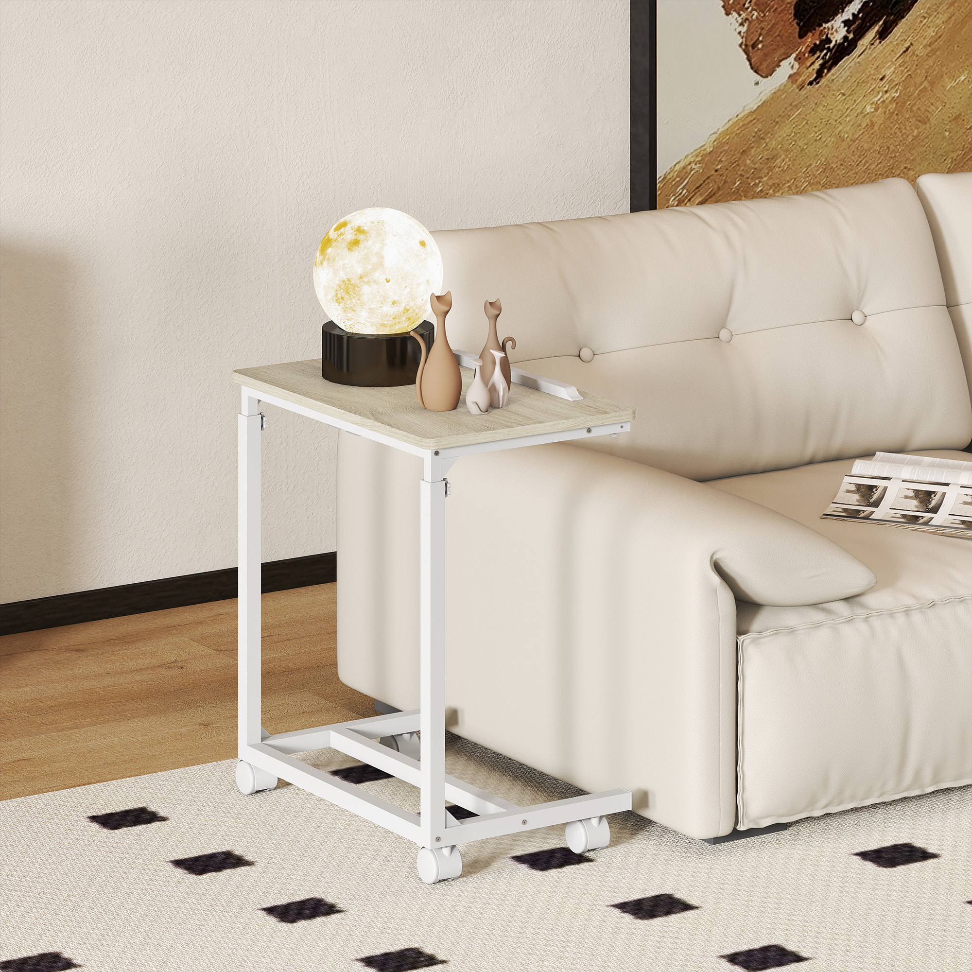 Table de lit mobile - table pour ordinateur portable - hauteur réglable, plateau inclinable - métal blanc effet bois