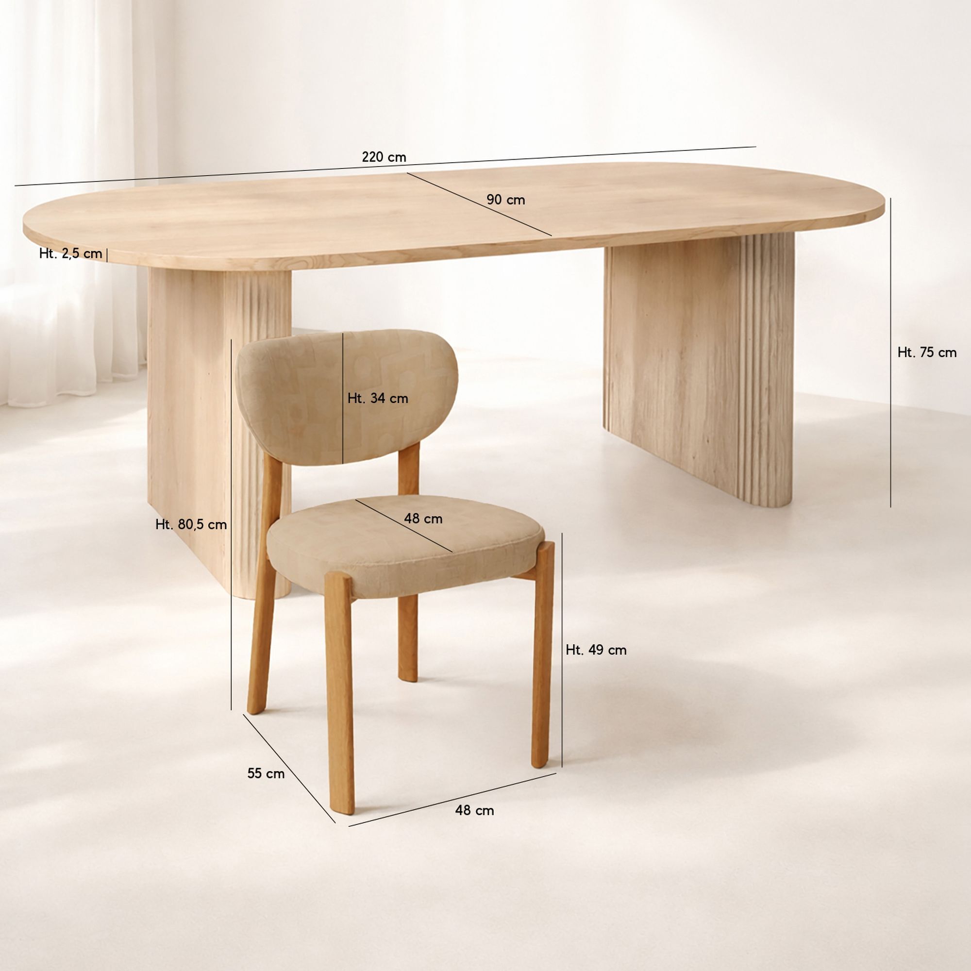 Ensemble table ovale effet bois 220cm et 6 chaises en tissu beige SUZIE