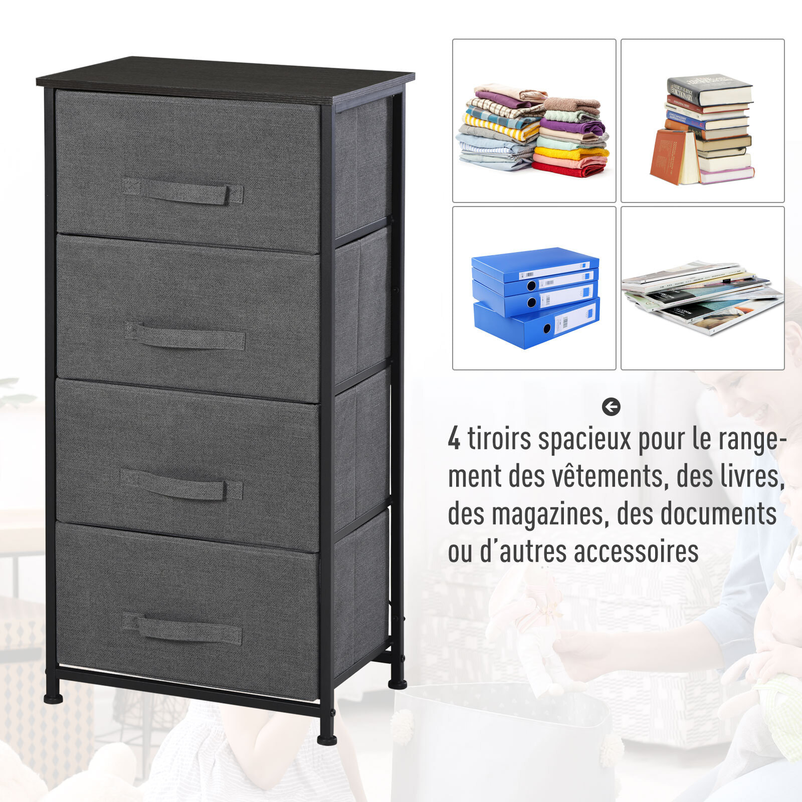 Meuble de rangement 4 tiroirs chiffonnier dim. 45L x 30l x 92H cm métal MDF non tissé noir