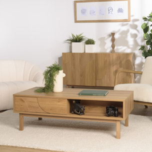 ETHAN - Table basse couleur naturelle 2 tiroirs 2 niches décor motif arrondi