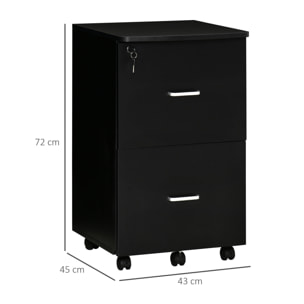 Vinsetto Cajonera de Oficina Mueble Auxiliar para Archivos con 2 Cajones Cerradura de 2 Llaves 5 Ruedas y 2 Frenos para Estudio Despacho Dormitorio 43x45x72 cm Negro