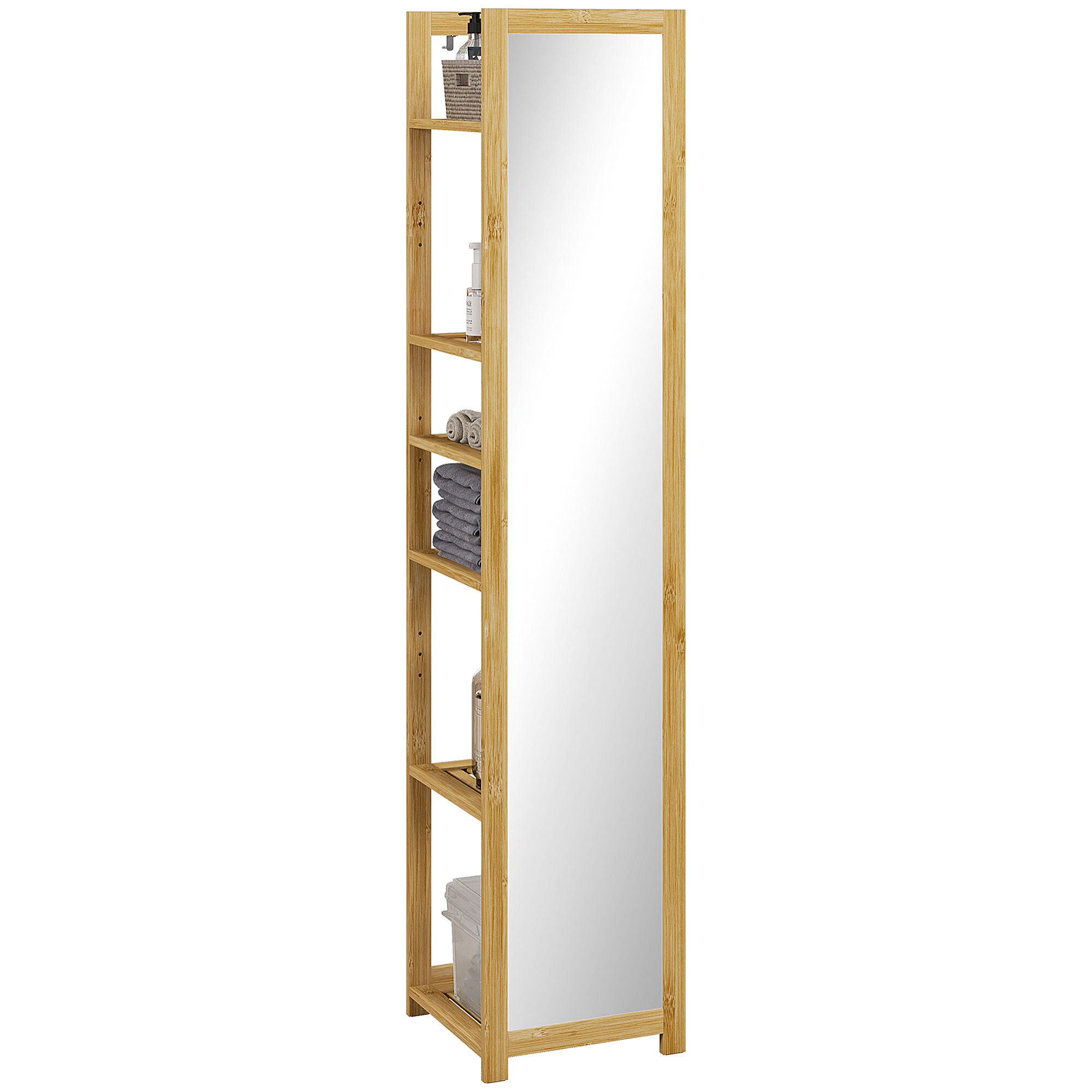 Étagère de salle de bain grand miroir 2 en 1 - 6 étagères - dim. 35L x 35l x 168H cm - bambou