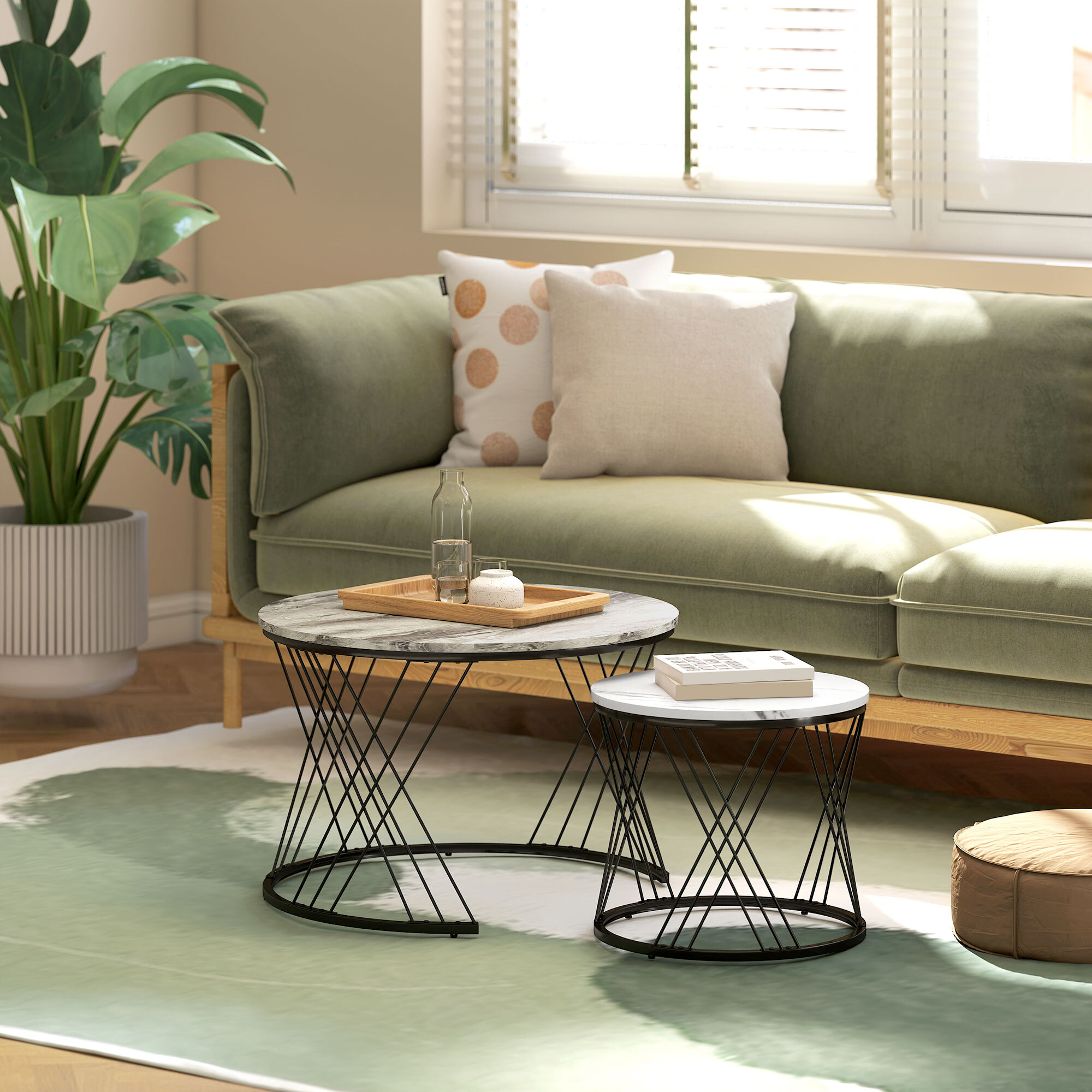 Juego de 2 Mesas Nido Mesas de Centro para Salón Redondas con Tablero con Diseño de Mármol Marco de Metal para Sala de Estar Dormitorio Gris y Blanco