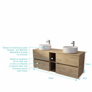 Meuble de Salle de Bains 140 TIMBER Décor Chêne 4 tiroirs et module - Vasques Blanches 36cm