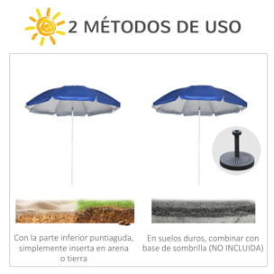 Sombrilla de Playa con Panel Lateral Ø191x211 cm Parasol para Terraza con Manivela Manual Techo Inclinable 2 Bolsillos y 2 Ventanas para Jardín Piscina Azul