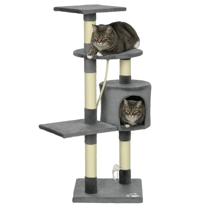 Rascador para Gatos Altura 116 cm Árbol para Gatos Torre de Escalada con Postes Rascadores de Sisal Cueva Plataformas y Juguetes Divertidos Colgantes Gris Oscuro