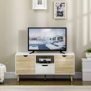 Meuble TV banc TV style scandinave 2 portes tiroir niche piètement bois de pin panneaux blanc aspect chêne clair