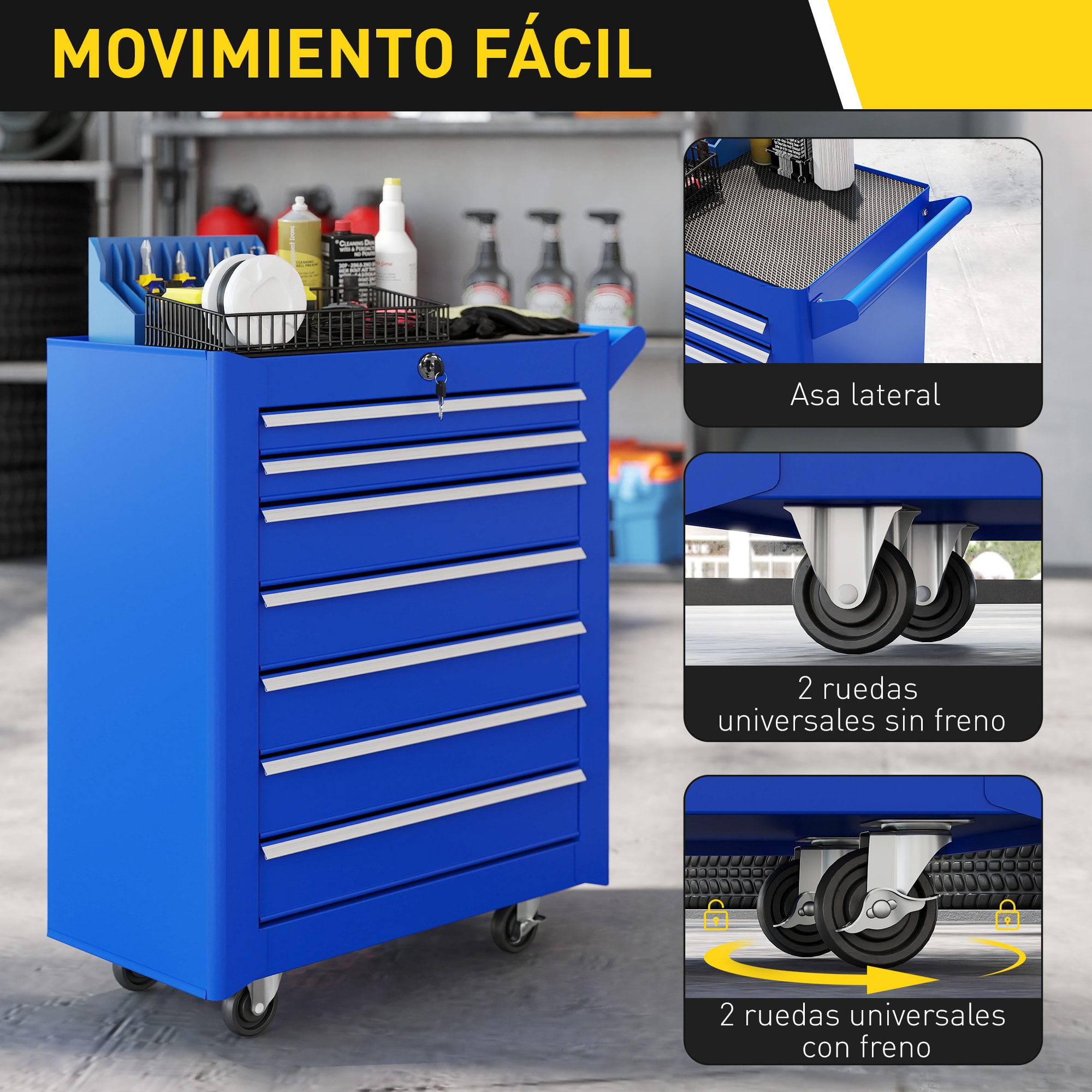 Carro de Herramientas con 7 Cajones, Carro de Taller con Cerradura, Asa, 2 Ruedas con Freno de Bloqueo, para Garaje, Hogar, Azul