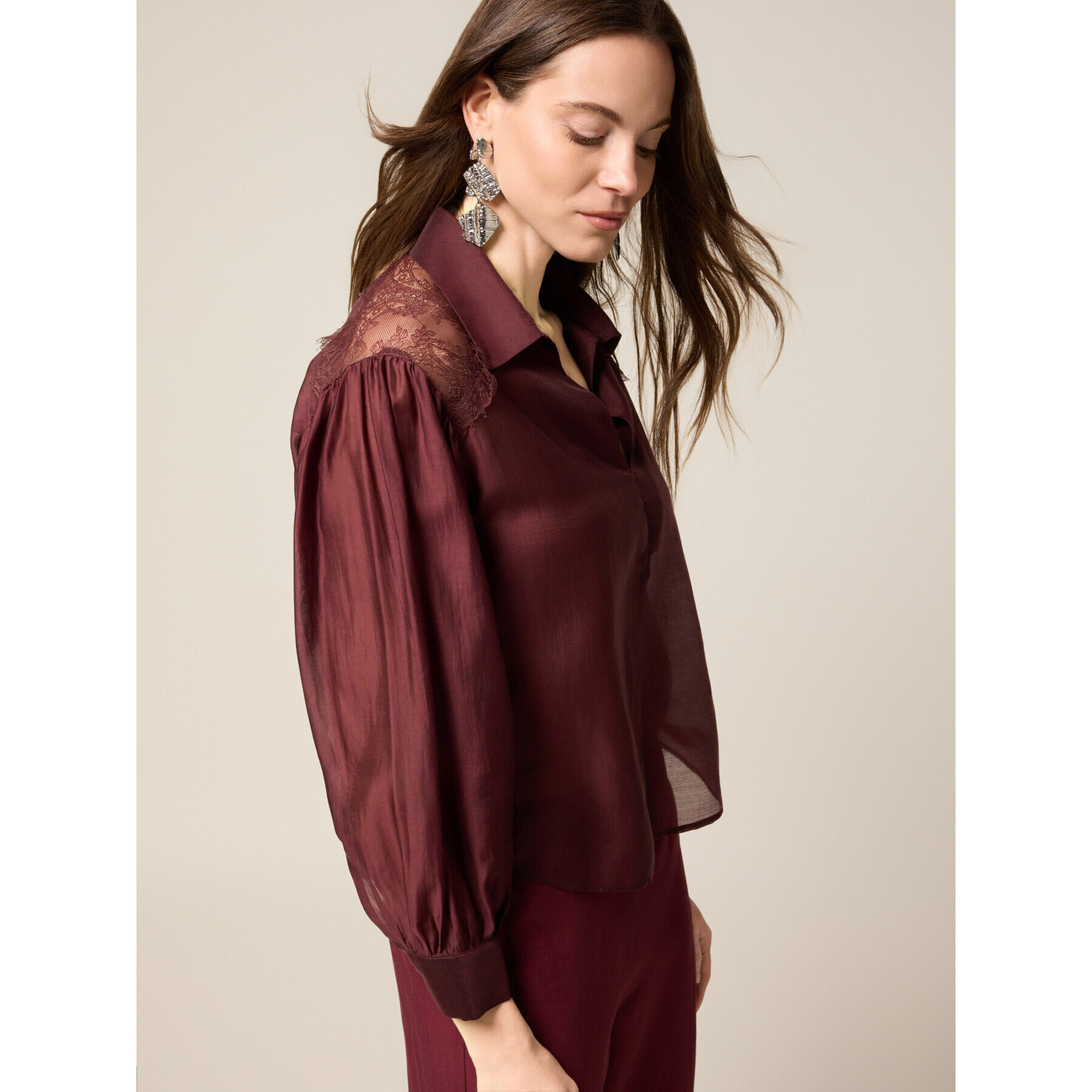 Oltre - Blusa con inserti in pizzo - Bordeaux