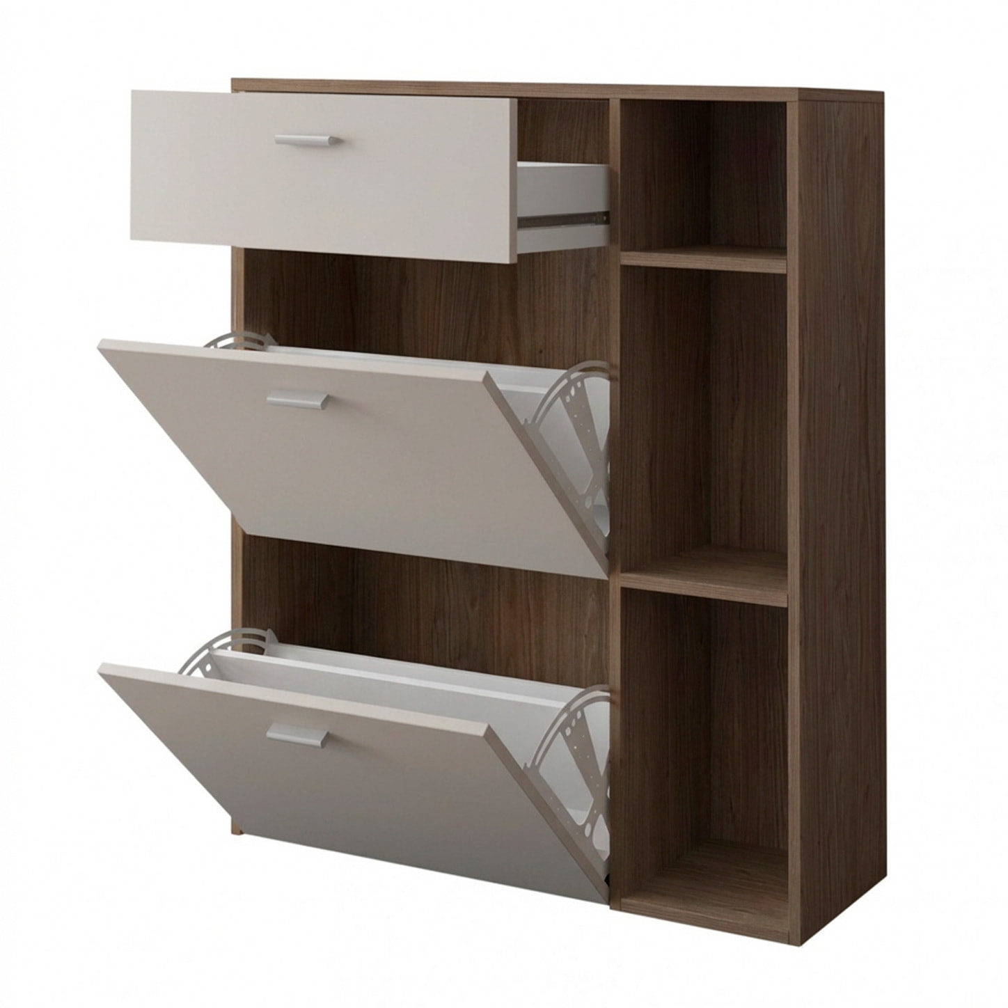 Scarpiera Mobile Portascarpe Salvaspazio Ingresso Con 2 Ribalte Doppia Profondità 1 Cassetto 3 Vani A Giorno 90x101.5x26 Cm Bianco Noce