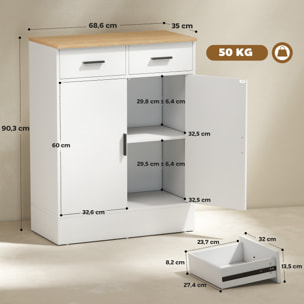 Buffet rangement cuisine 2 portes 2 tiroirs étagère - dim. 68 x 35 x 90 cm - effet bois clair blanc