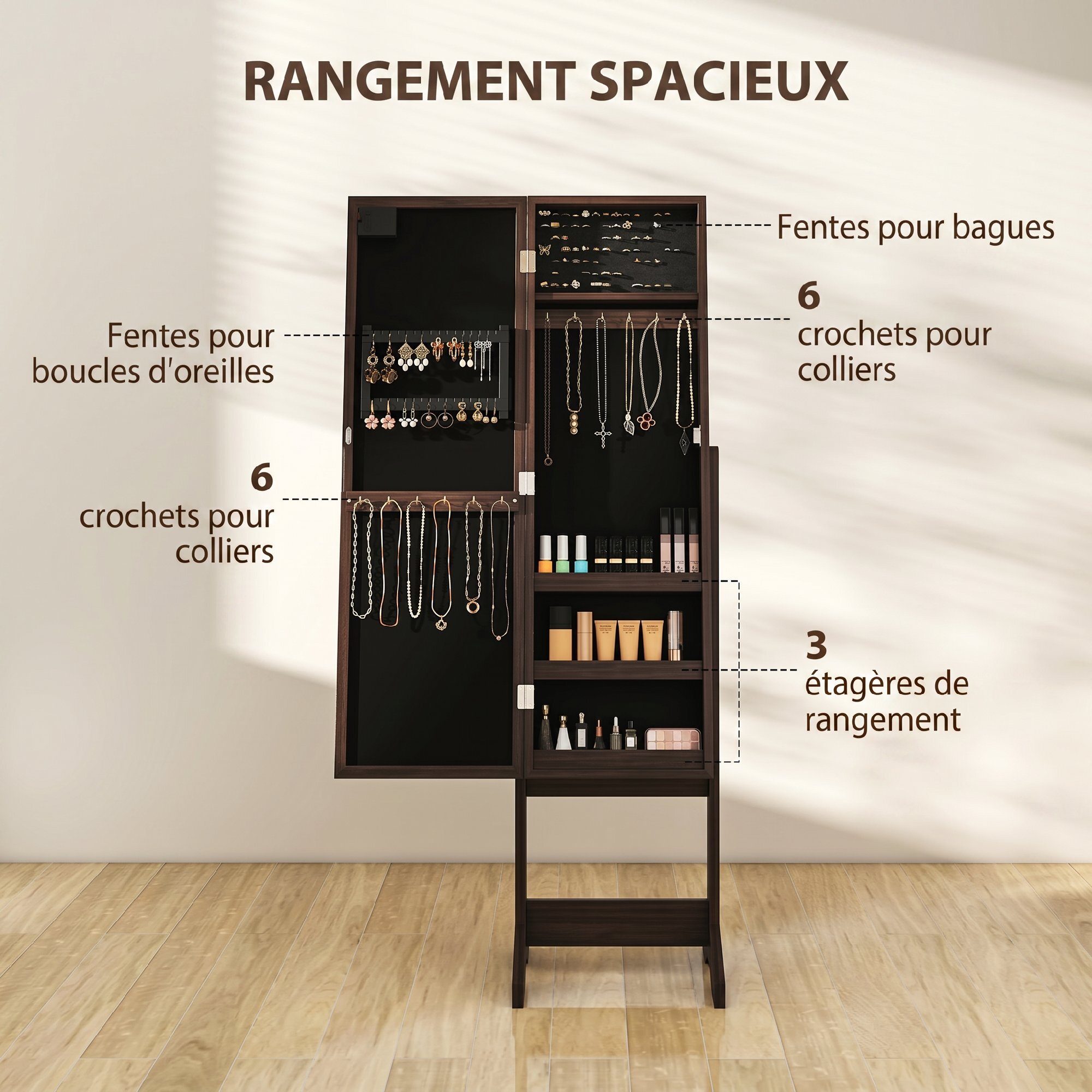 Armoire à bijoux sur pieds avec miroir multi-rangement éclairage LED effet bois wengé