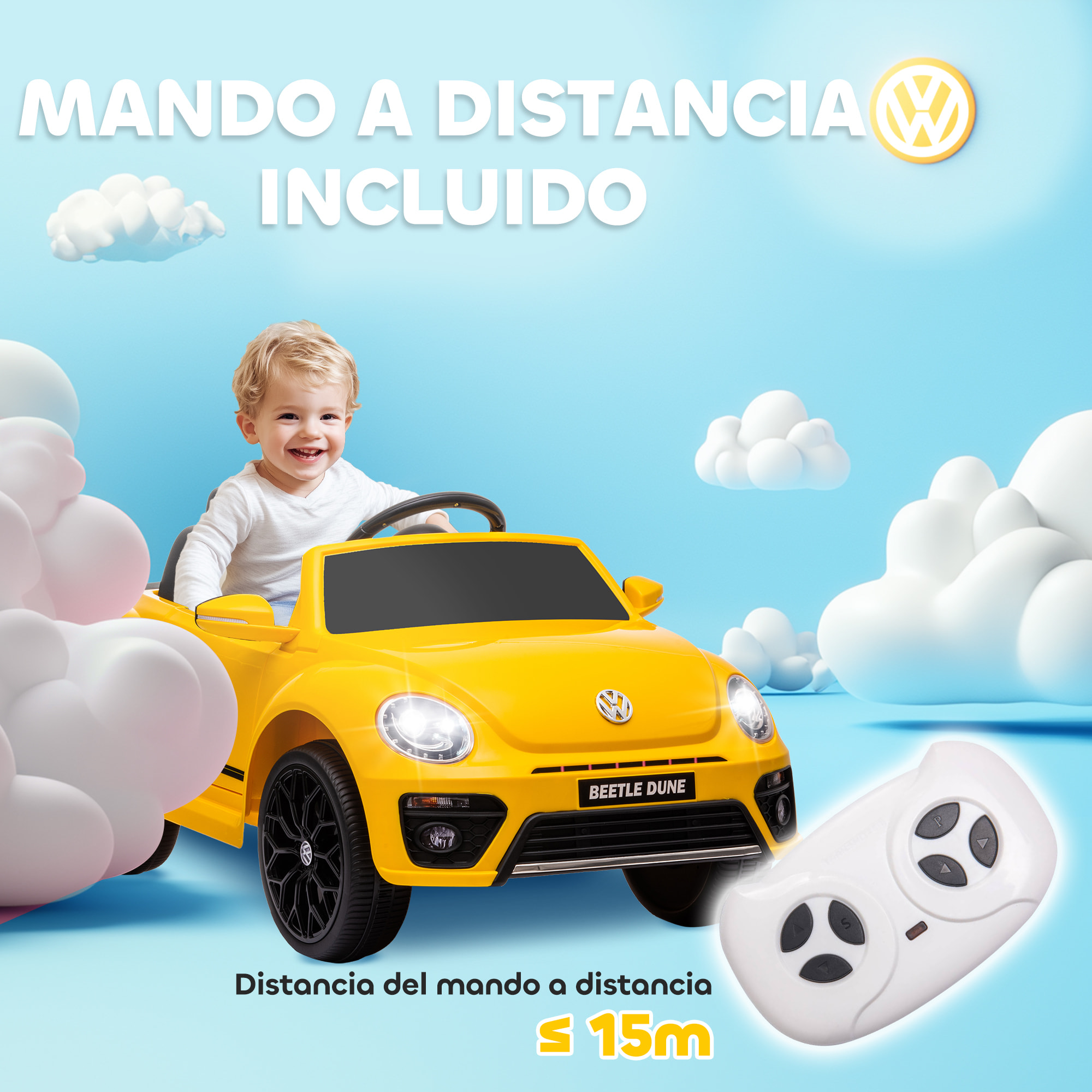 Coche Eléctrico para Niños de +3 Años Volkswagen Beetle Carro Eléctrico Infantil con Batería 12V Mando a Distancia Faros Bocina y Música Amarillo