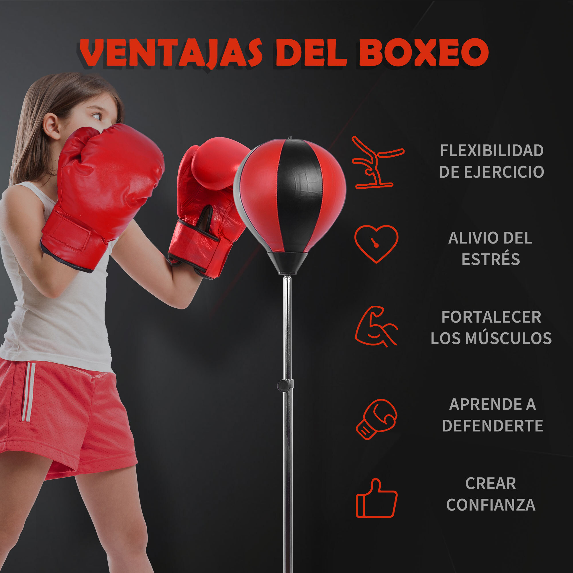 Saco de Boxeo de Pie PU Acero 43cmx125-145cmNegro y Rojo