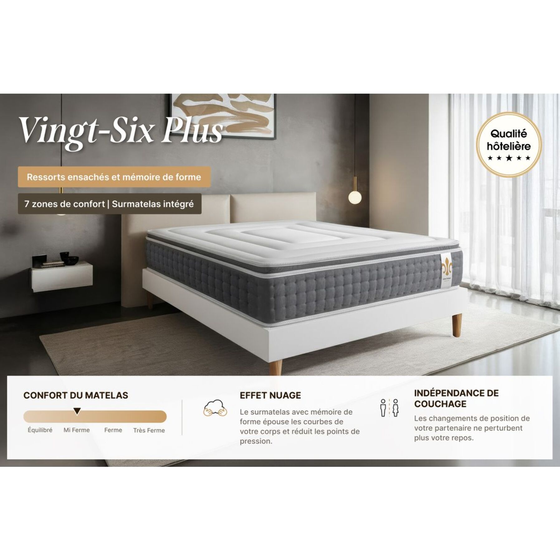 Ensemble Matelas Vingt-Six PLUS - 26cm - Ressorts ensachés et mémoire de forme - Effet nuage - Sommier Tapissier Gris