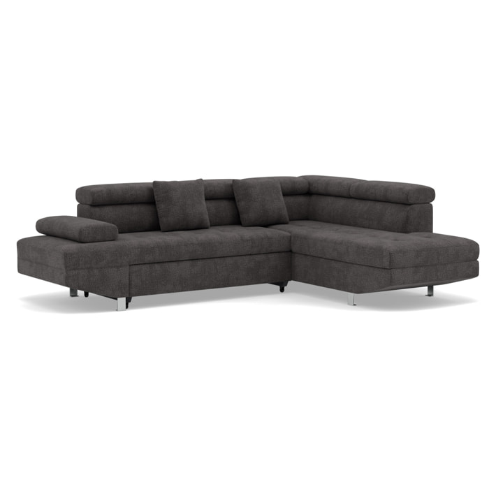 Margaux - Canapé d'angle droit 5 places convertible avec coffre et têtières réglables en velours texturé - Gris