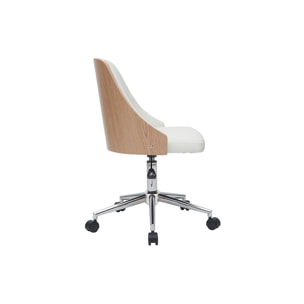 Chaise de bureau à roulettes design blanc, bois clair et acier chromé QUINO