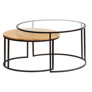 Tables basses gigognes rondes verre trempé, bois manguier massif et métal noir (lot de 2) TAHL