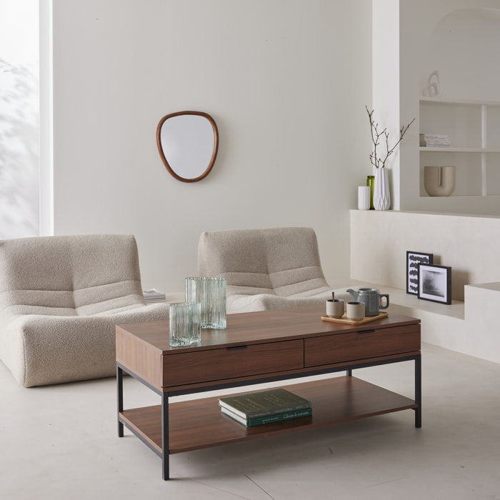 Table basse coloris noyer avec pieds et poignée en métal noir - 2 tiroirs et 1 étagère