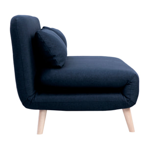 Chauffeuse 2 places convertible en tissu bleu foncé et bois clair AMIKO