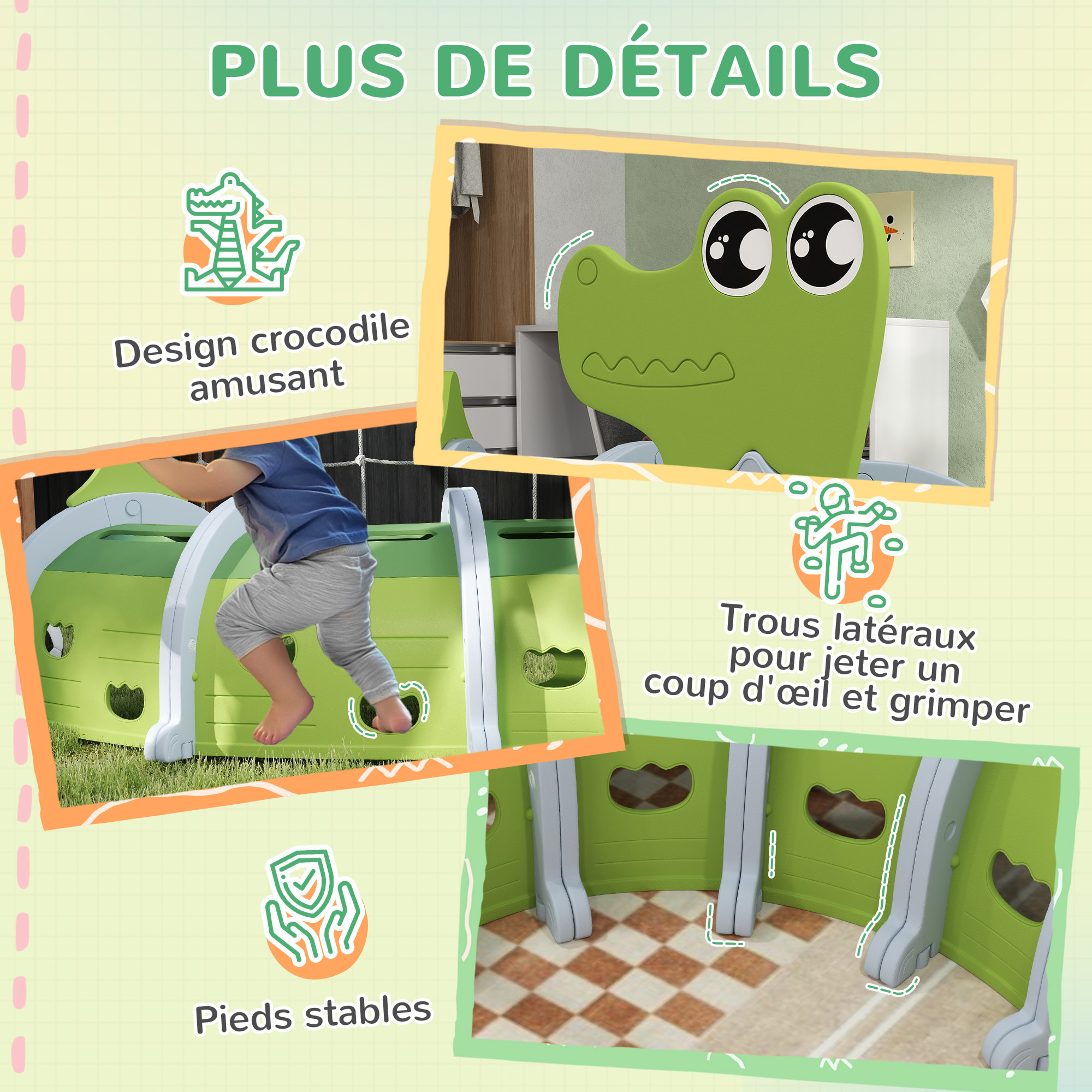 Tunnel de jeu pour enfants crocodile - parcours de motricité modulable - intérieur extérieur - gris vert