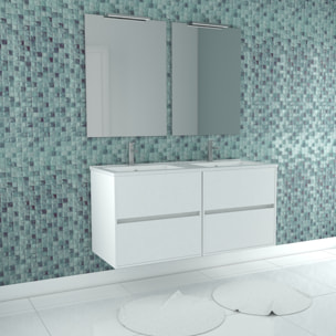 Meuble Salle de Bains 120 cm Laqué Blanc 4 Tiroirs, Vasque, Miroirs 60x80 et Réglettes Led - XENOS